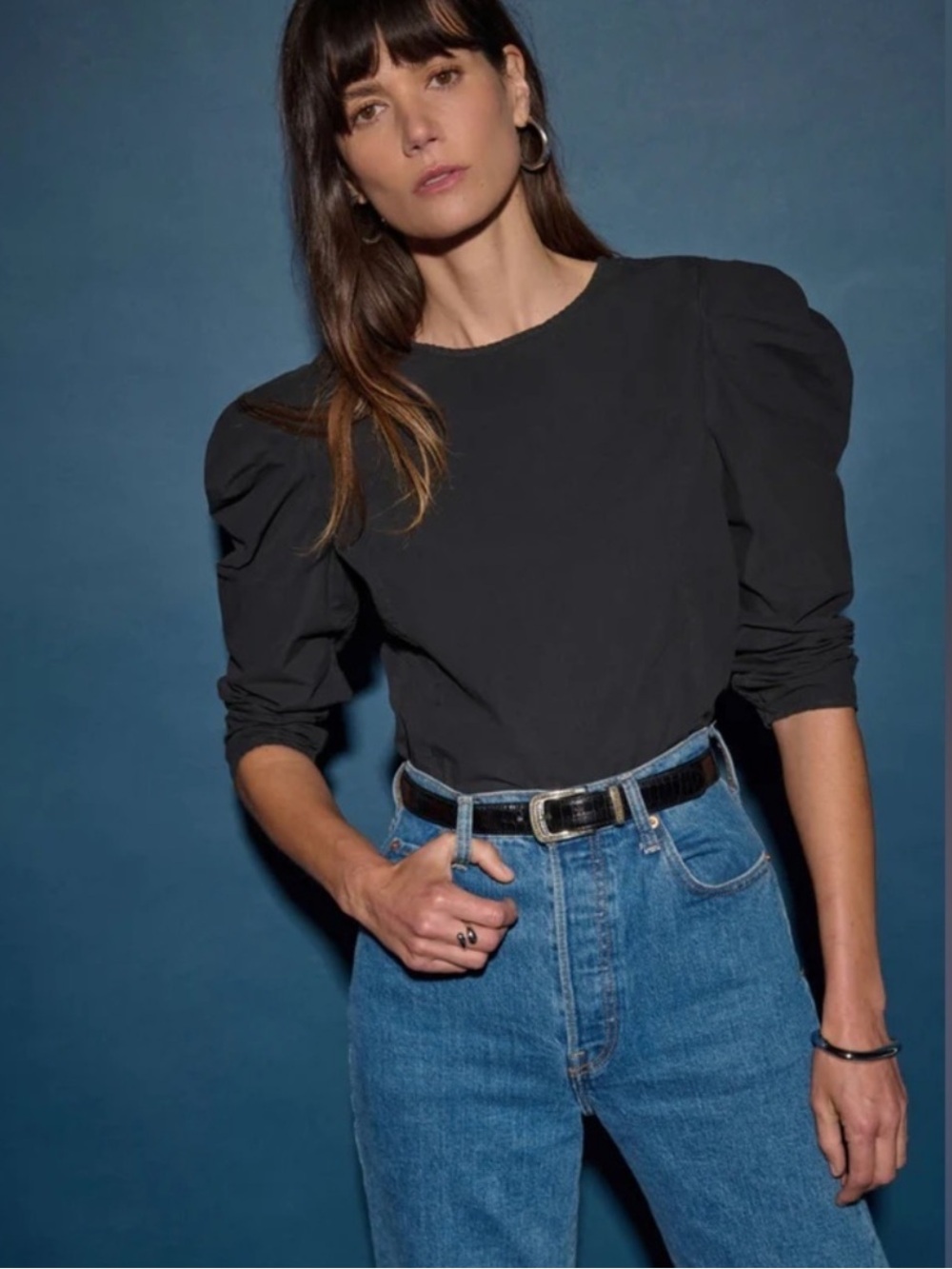 Nation LTD Eloise Puff Sleeve Button Back Pima Cotton Black Top‎ Size Small NWT
